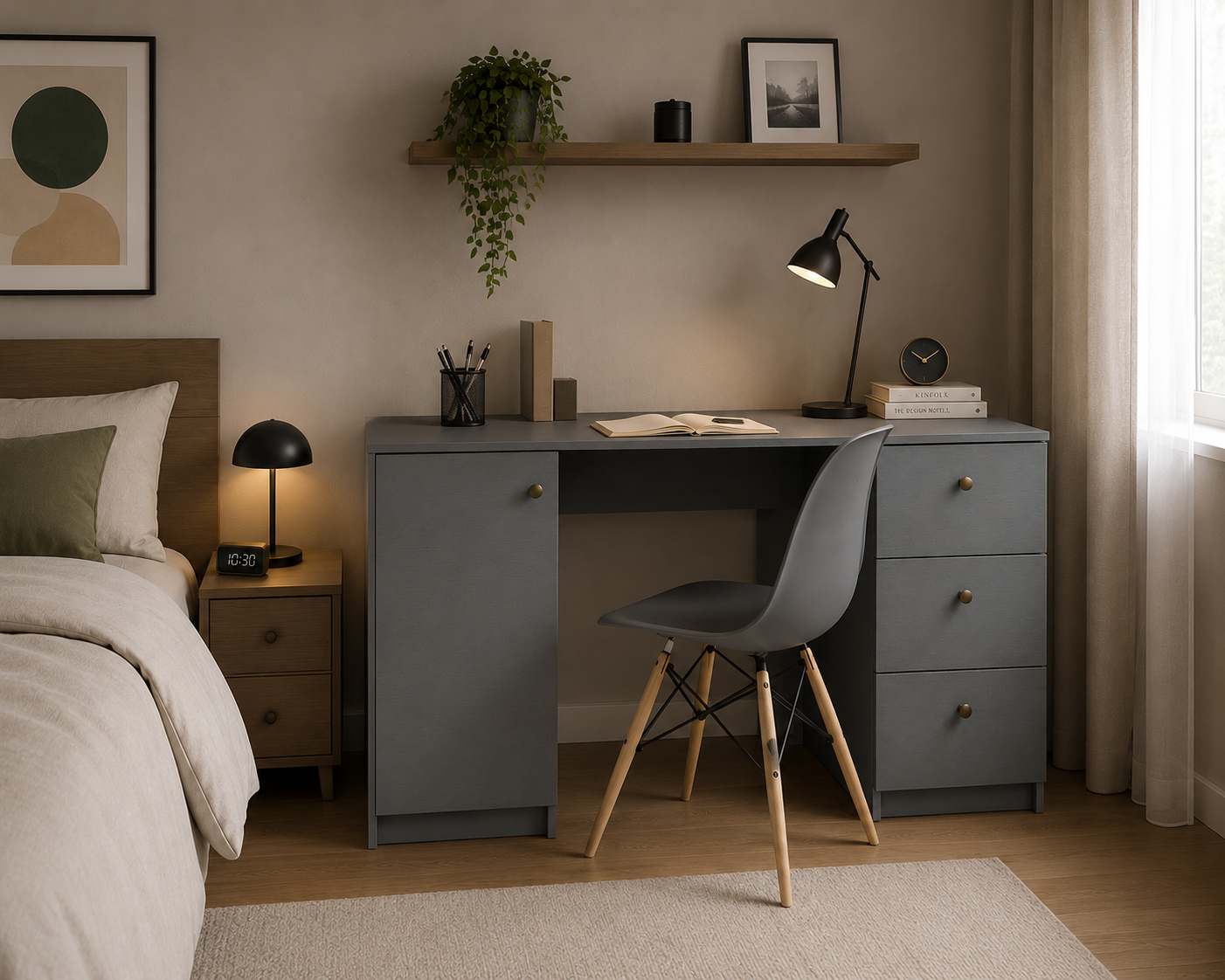 Madesa Modern 53 inch Computer Writing Desk with Drawers and Door, Executive Desk, Wood PC Table, Grey