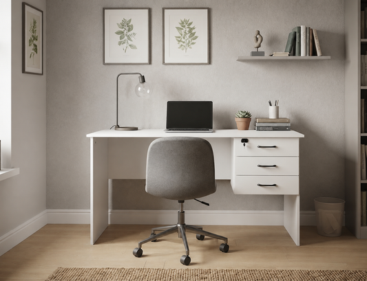 FurniFlex Desk with Fixed Lockable Drawers, White