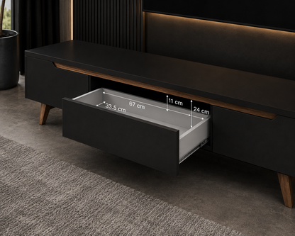 Minimalist Black TV Unit with Wooden Trim