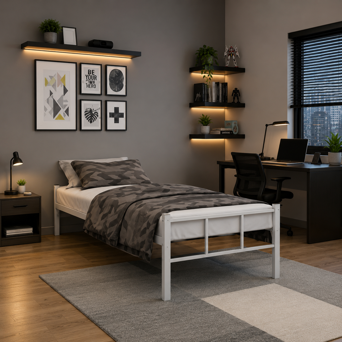 Modern White Single Bed with Minimalist Frame