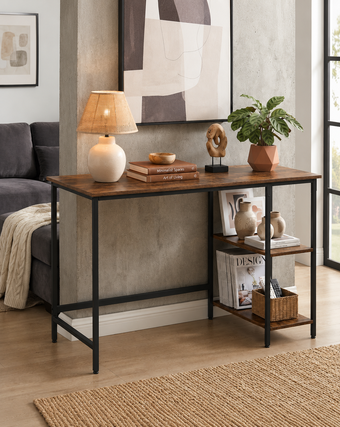 Industrial Computer Desk with 2 Shelves, Reversible Storage Shelves for Home Office