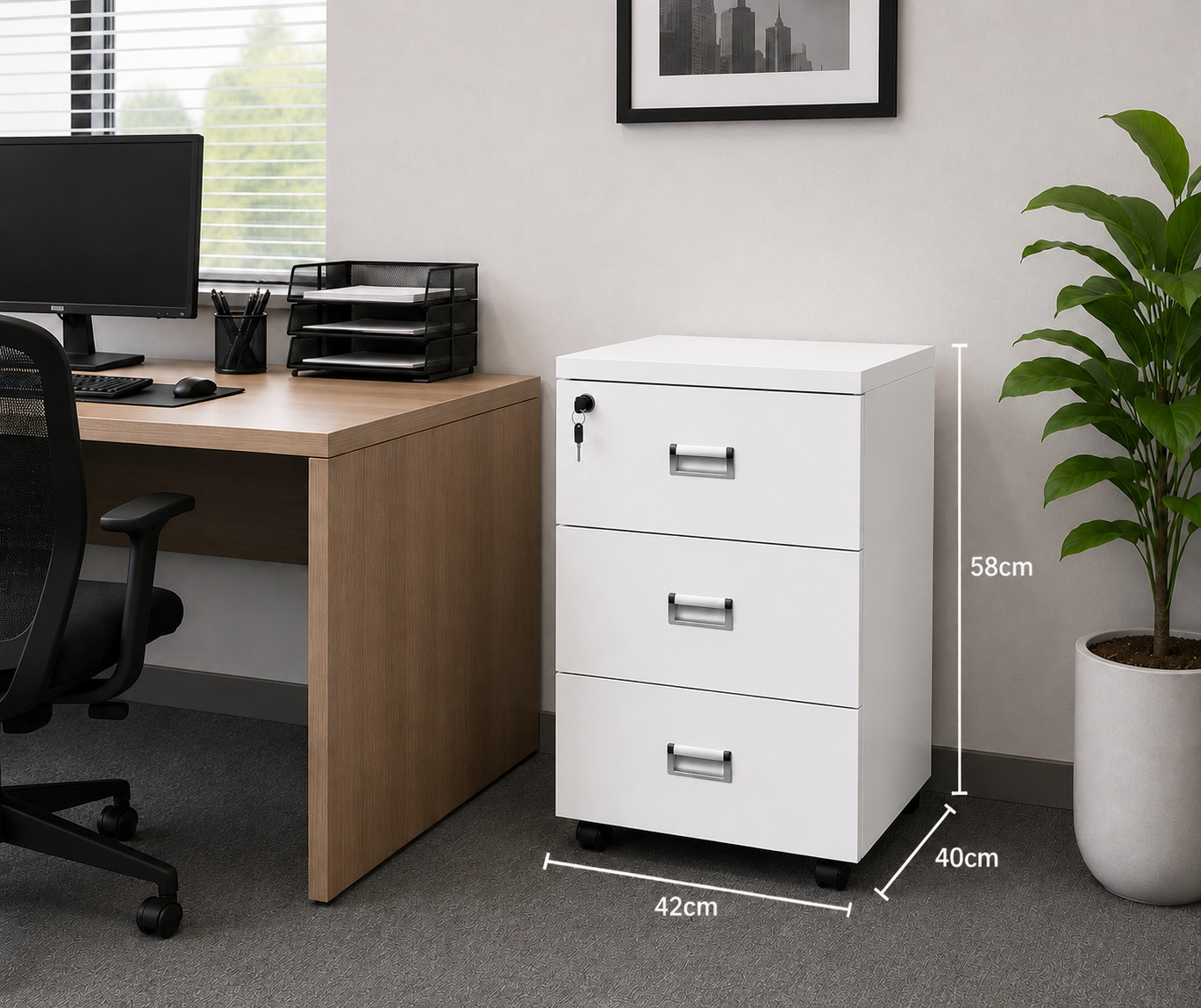 3-Drawer Locking Mobile File Cabinet – Rolling Office Storage Cabinet with Wheels, White