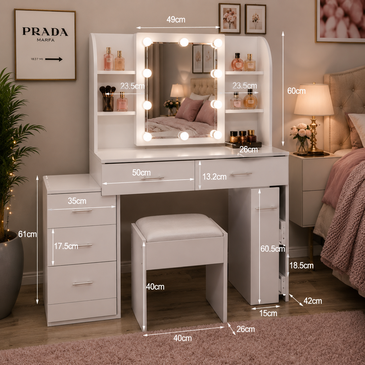 Modern White Vanity Dressing Table with LED Mirror & Storage Drawers