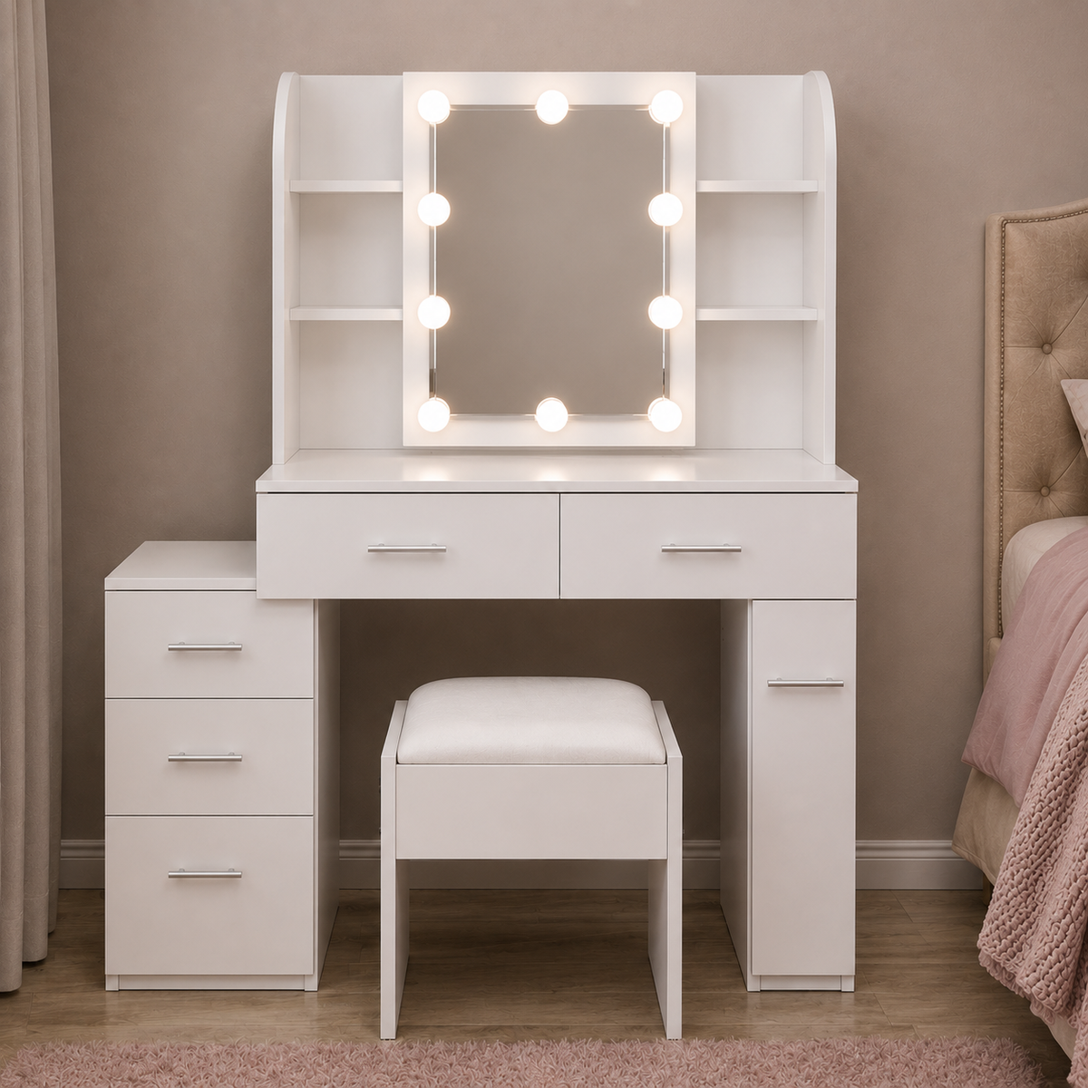 Modern White Vanity Dressing Table with LED Mirror & Storage Drawers