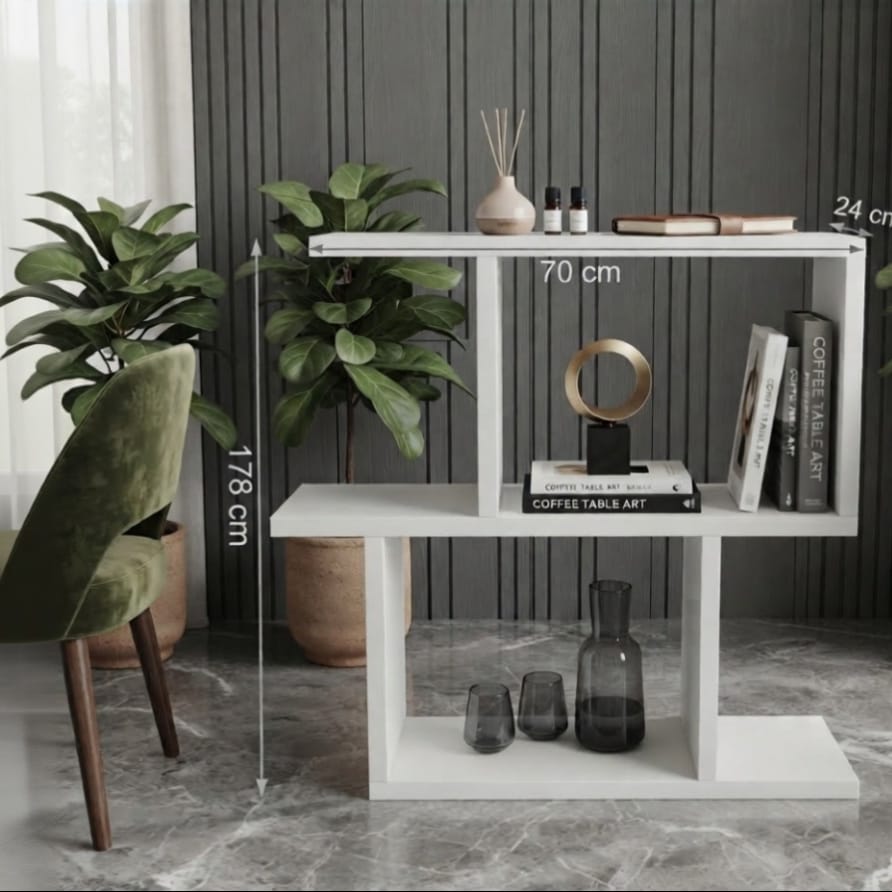 Modern White Asymmetrical Display Console Table with Open Storage Shelves
