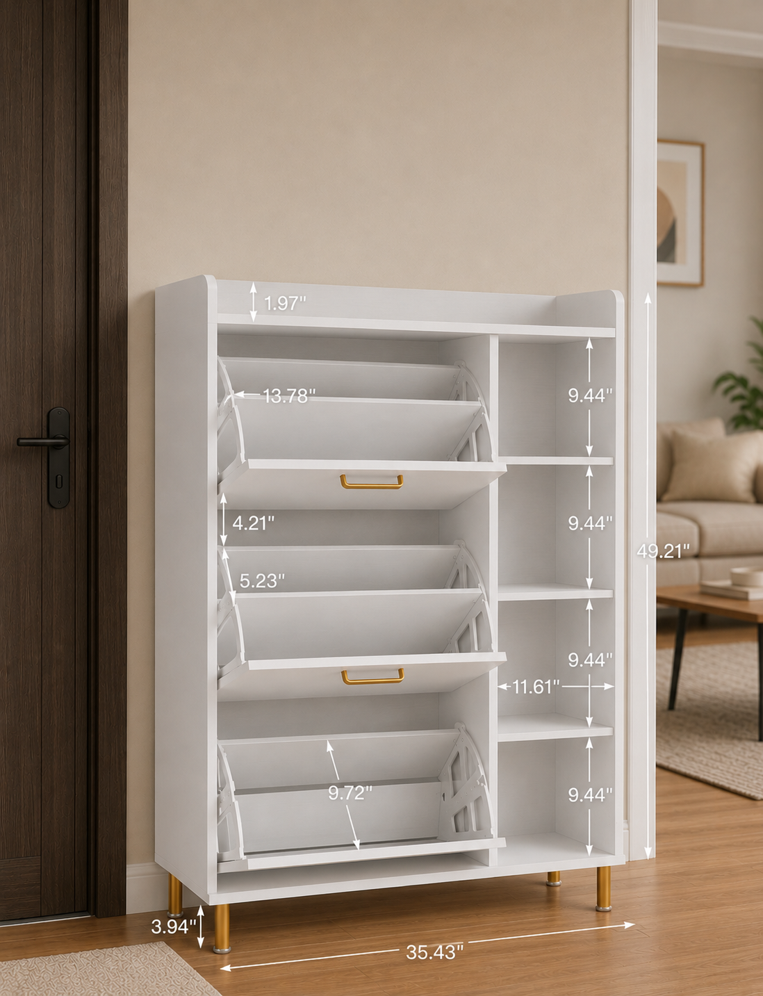 Tribesigns Flip Drawers Shoe Cabinet, Shoes Storage Cabinet with 3 Flip Drawer and 5 Shelves, Modern White Golden Shoes Storage Organizer Cabinet for Closet, Living Room, Bedroom