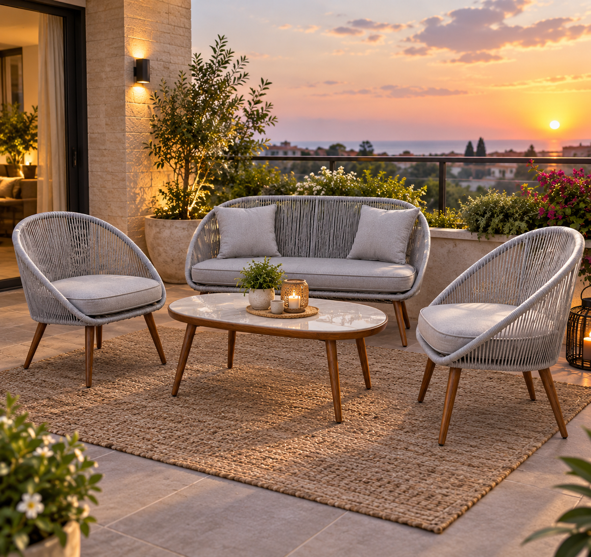 Modern Outdoor Woven Patio Sofa & Armchair Lounge Set