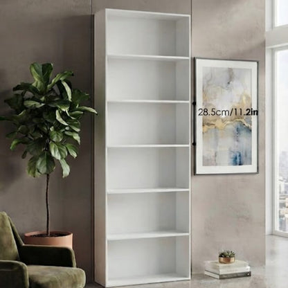 Wooden Bookcase with 6 Compartments, Wooden Storage Shelf for Living Room and Study, 180cm x 60cm x 23.5cm (White)