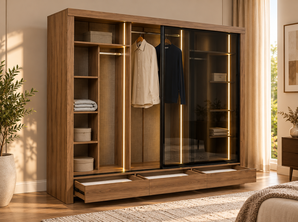 Modern Wooden Wardrobe with Glass Doors, LED Lighting & 3 Drawers