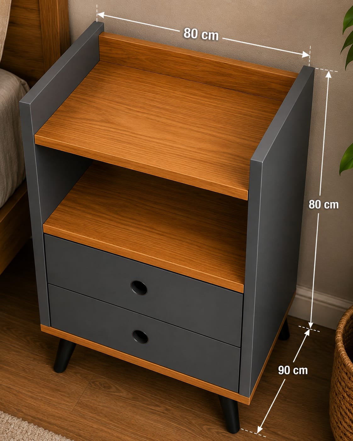Bedside Table with 2-Drawers, Grey/Cinamomo