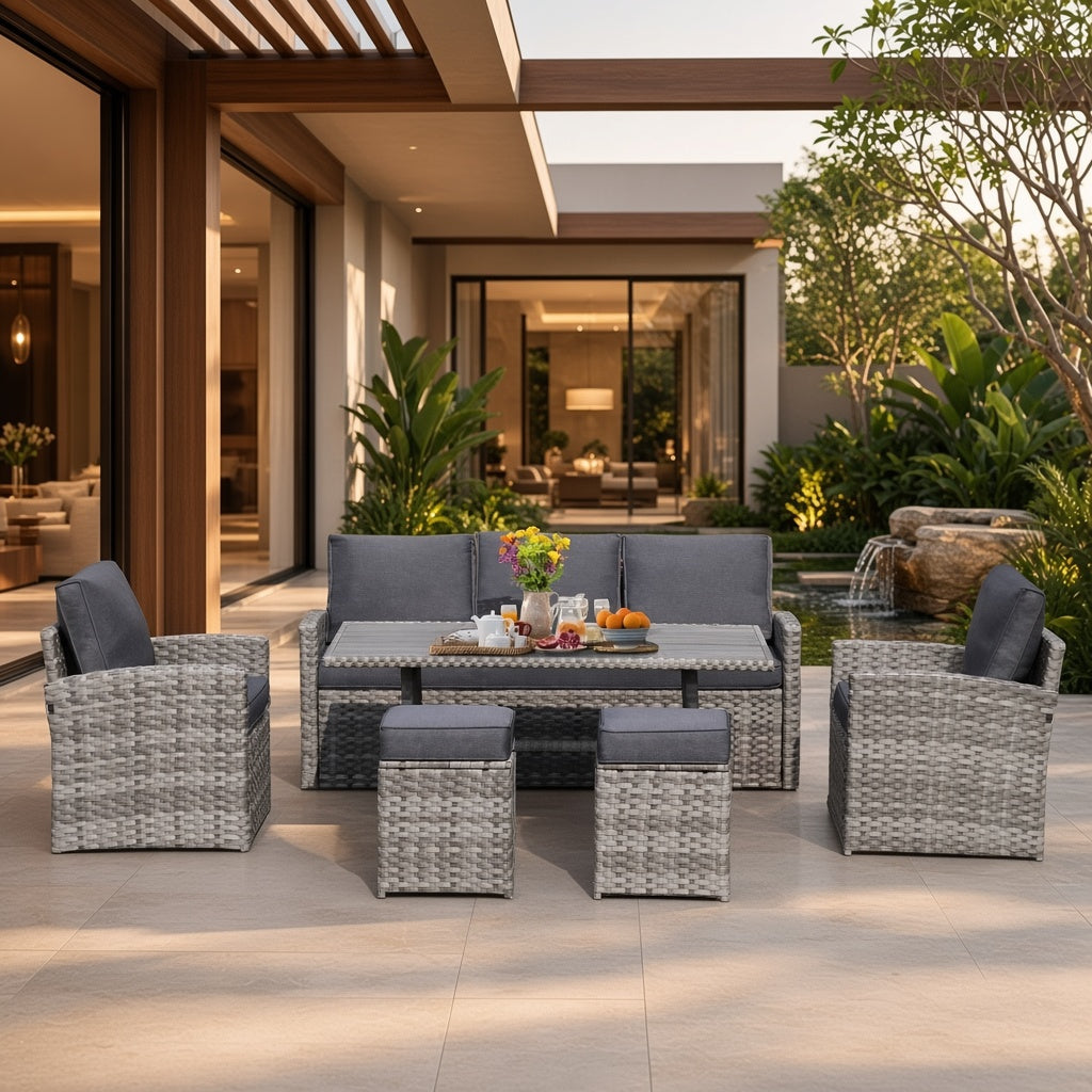 Modern Woven Outdoor Patio Seating Set with Dining Table