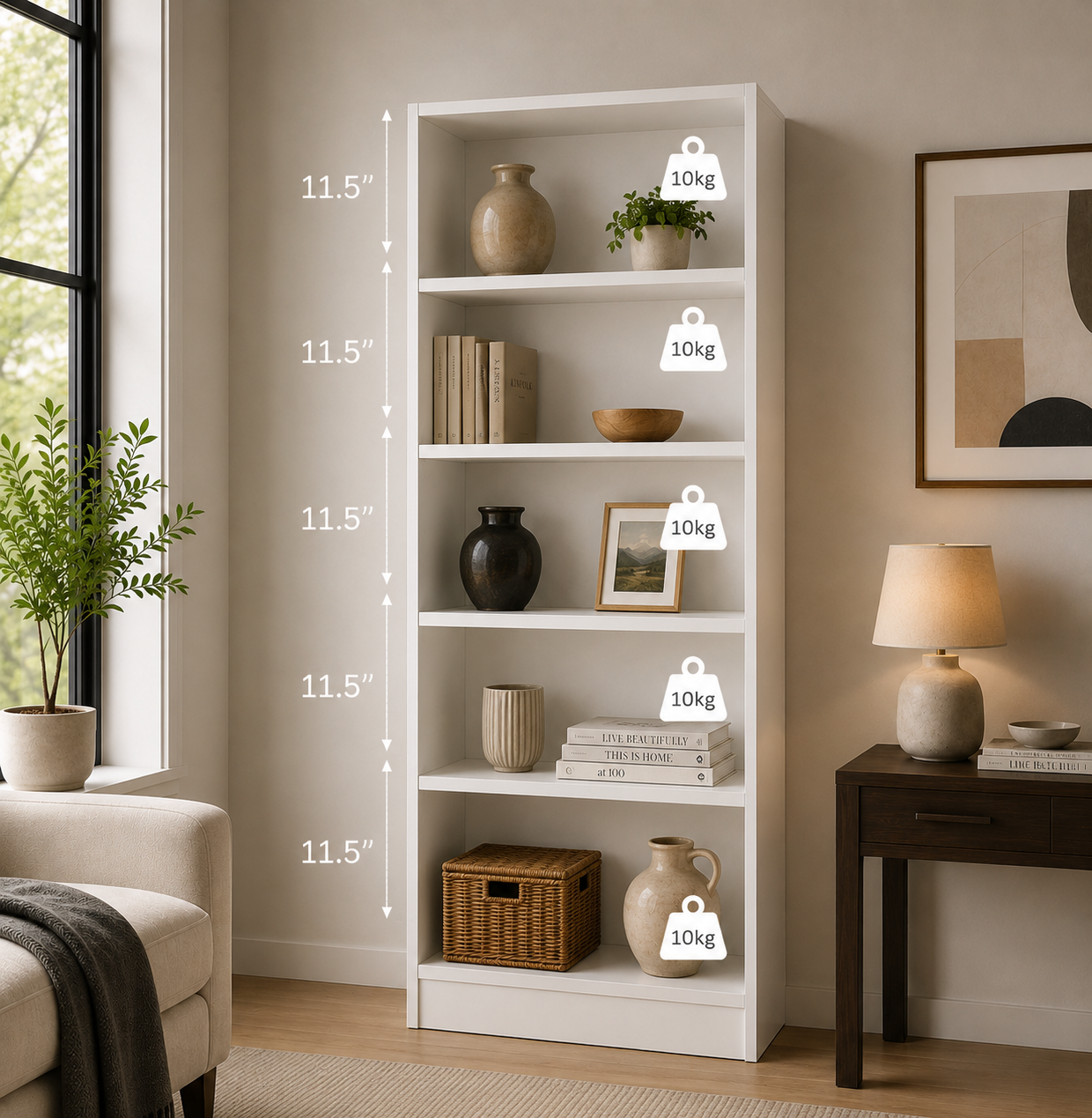SPACE Book Shelf - 5 Tier Engineered Wood DIY Multipurpose Book Shelf (White - L 80 x B 32 x H 165 cm)