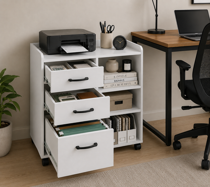 Rolanstar File Cabinet 3-Drawers, Mobile Lateral Printer Stand with Open Storage Shelf, Rolling Filing Cabinet with Wheels for A4/Letter Size,White