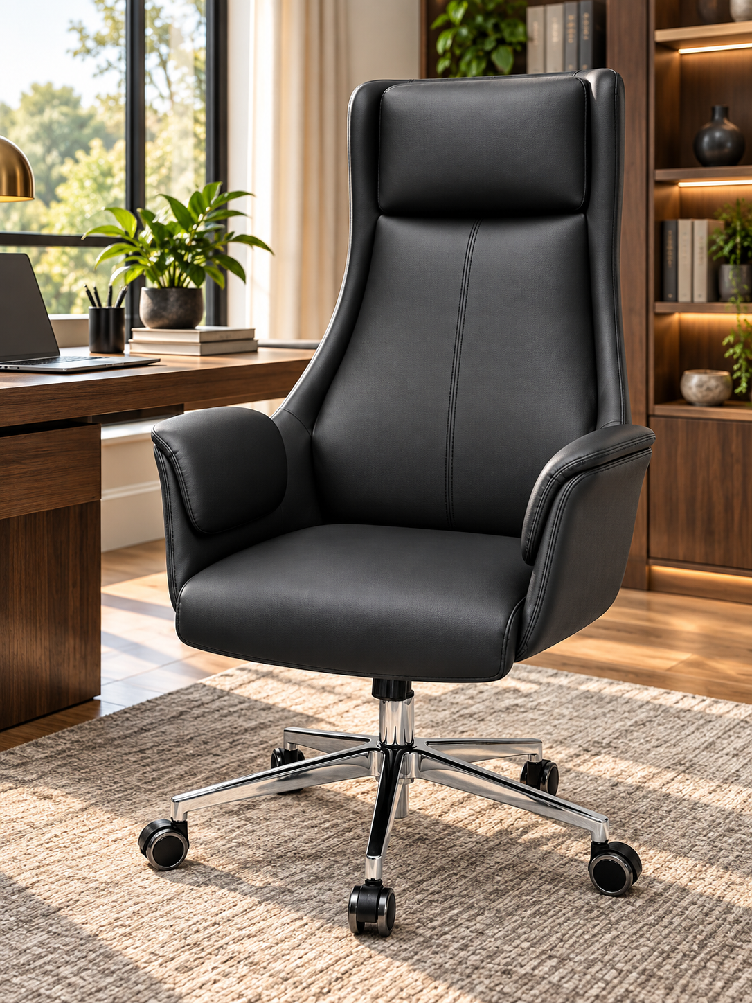 Contemporary High-Back Work Chair with Padded Headrest & Armrests