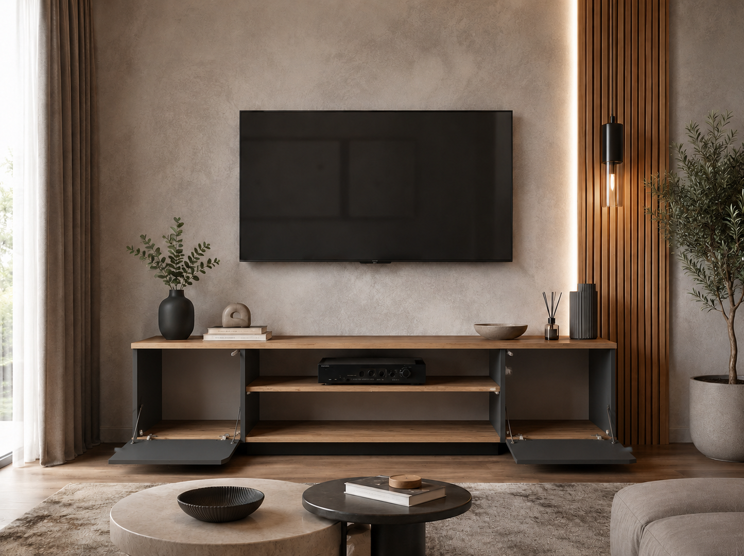 Modern TV Stand with Storage Cabinets & Open Shelf – Entertainment Center for TVs up to 75 Inches, Black & Oak Finish