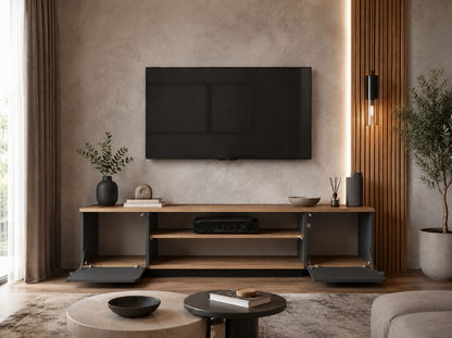 Modern TV Stand with Storage Cabinets & Open Shelf – Entertainment Center for TVs up to 75 Inches, Black & Oak Finish