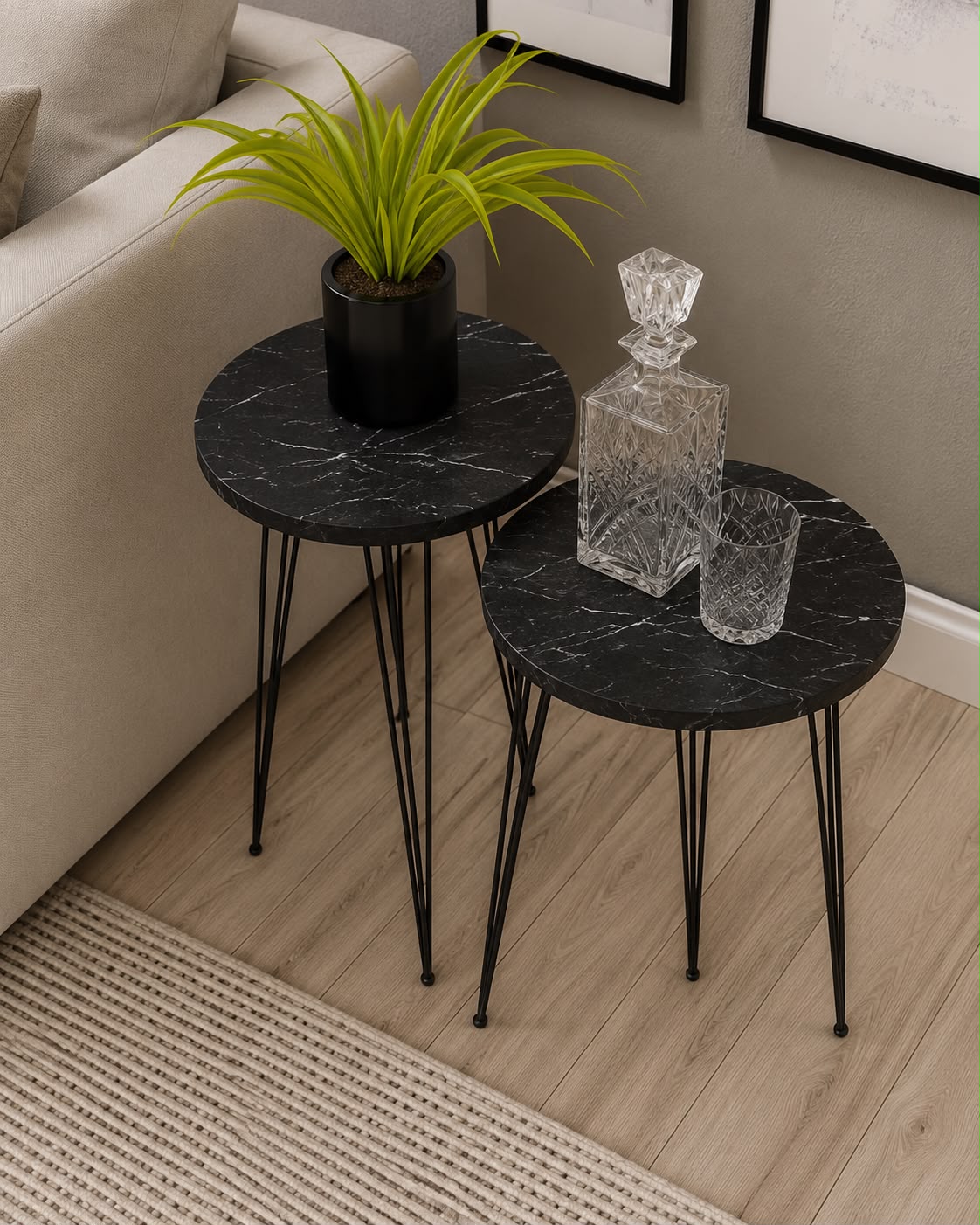 Woodx Set of 2 Black Marble End Tables Round Wood Sofa Side Coffee Tables for Small Spaces, Nightstand Bedside Table with Metal Legs for Bedroom, Living Room, Office, Balcony