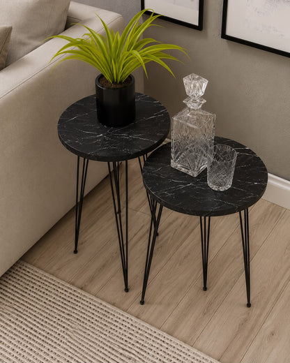 Woodx Set of 2 Black Marble End Tables Round Wood Sofa Side Coffee Tables for Small Spaces, Nightstand Bedside Table with Metal Legs for Bedroom, Living Room, Office, Balcony
