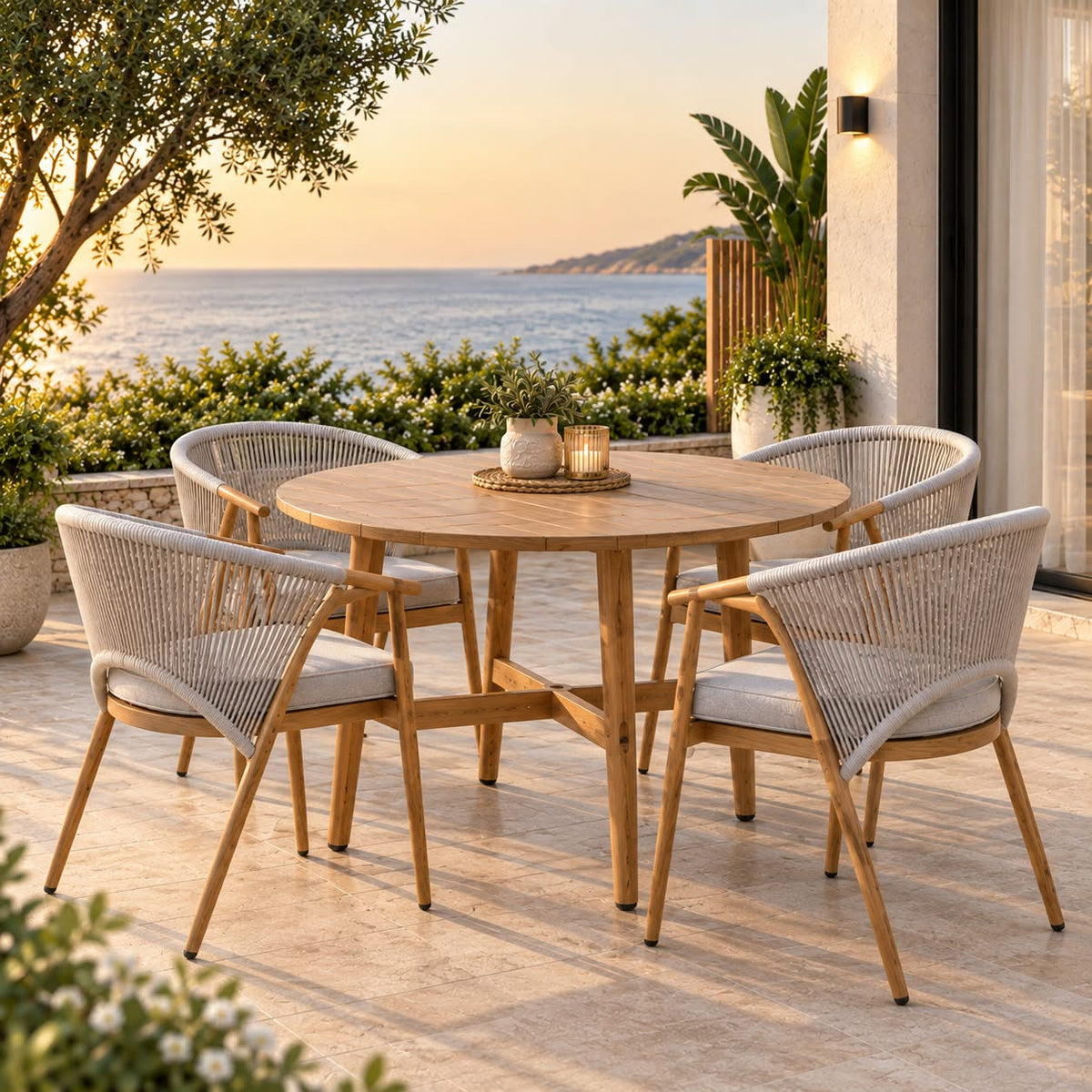Modern Outdoor Round Dining Set with Woven Chairs for 4