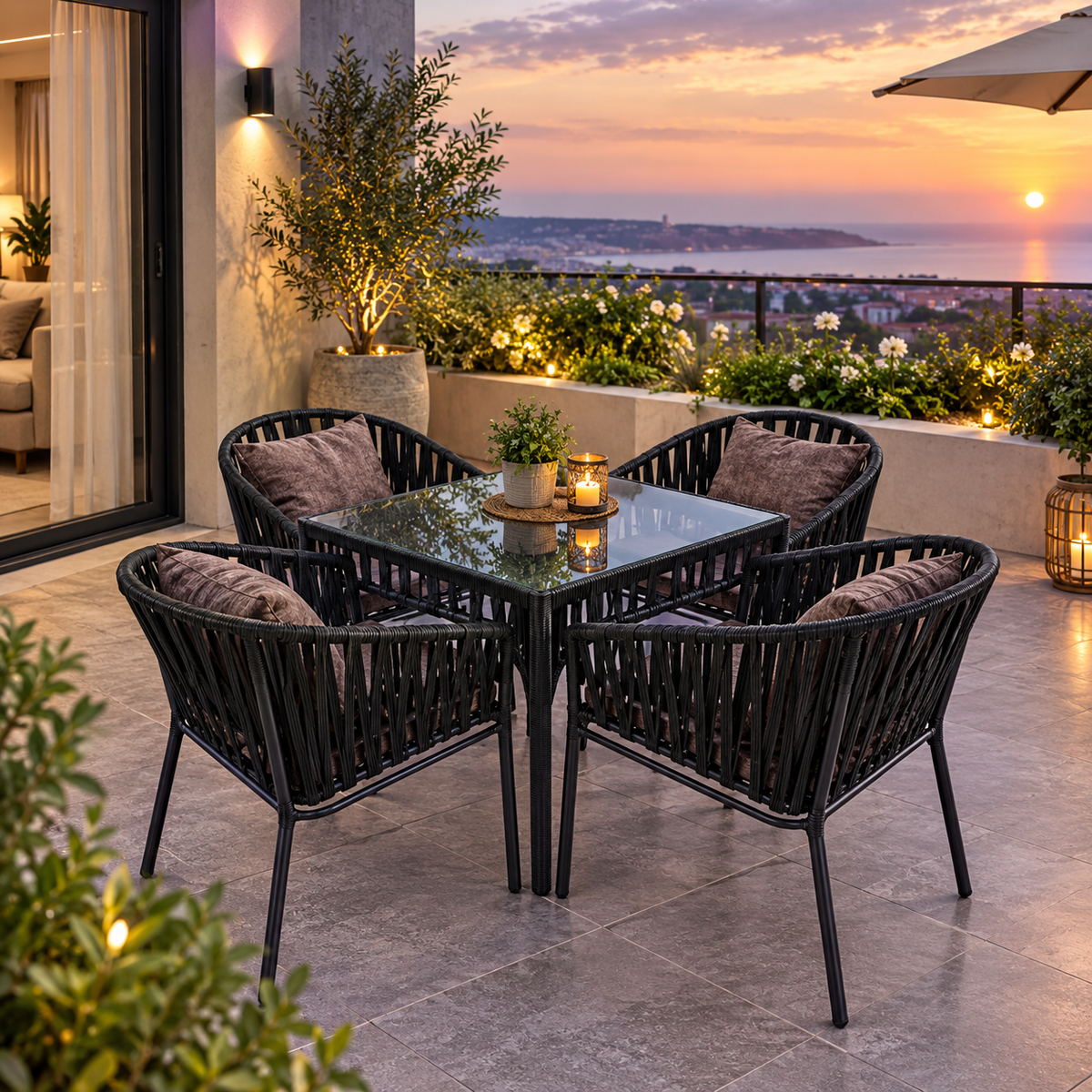 Modern Outdoor Woven Patio Dining Set with Glass Table