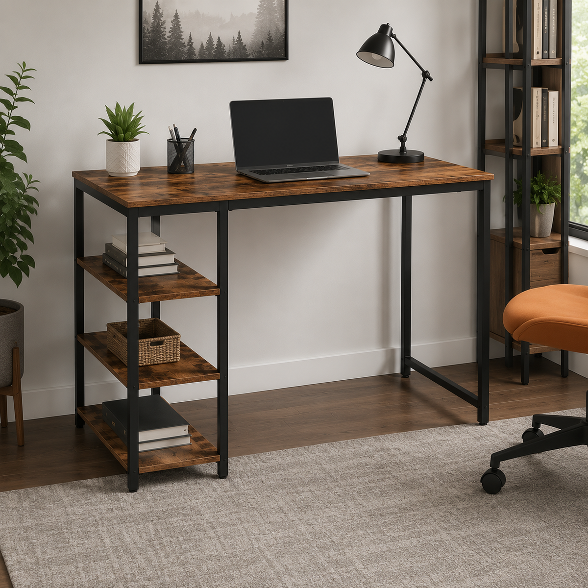 Modern Industrial Computer Desk with Side Shelving
