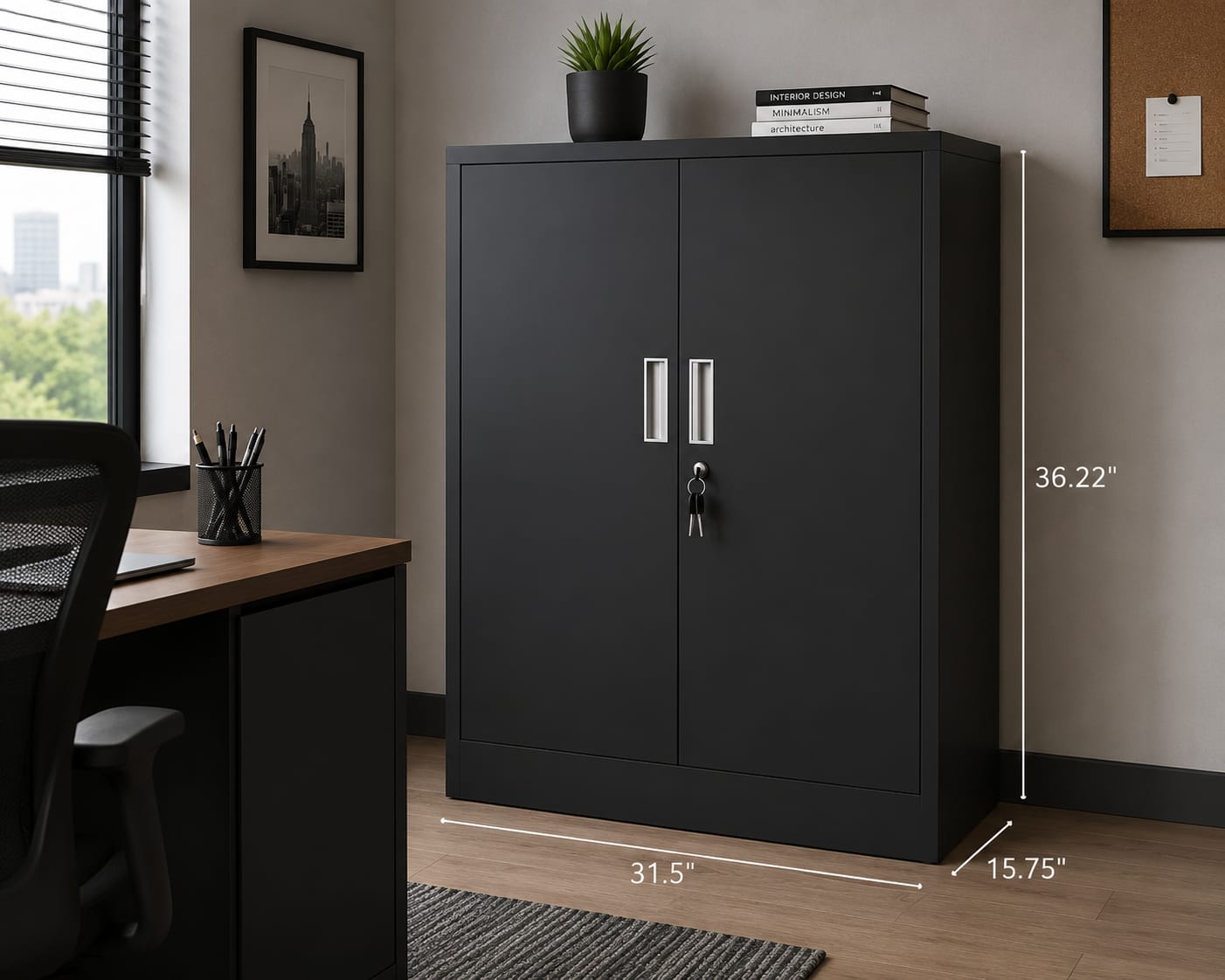 2-Door Locking Storage Cabinet with Adjustable Shelves – Freestanding Office & Home Organizer, Black
