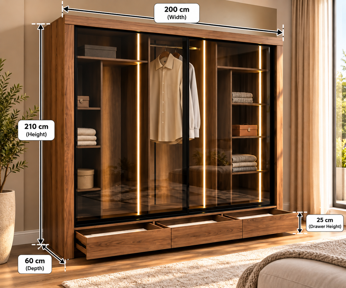 Modern Wooden Wardrobe with Glass Doors, LED Lighting & 3 Drawers