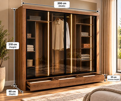 Modern Wooden Wardrobe with Glass Doors, LED Lighting & 3 Drawers