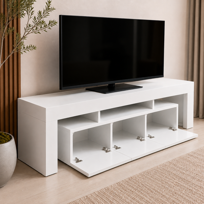 Modern White TV Unit with Open Storage & Drawers