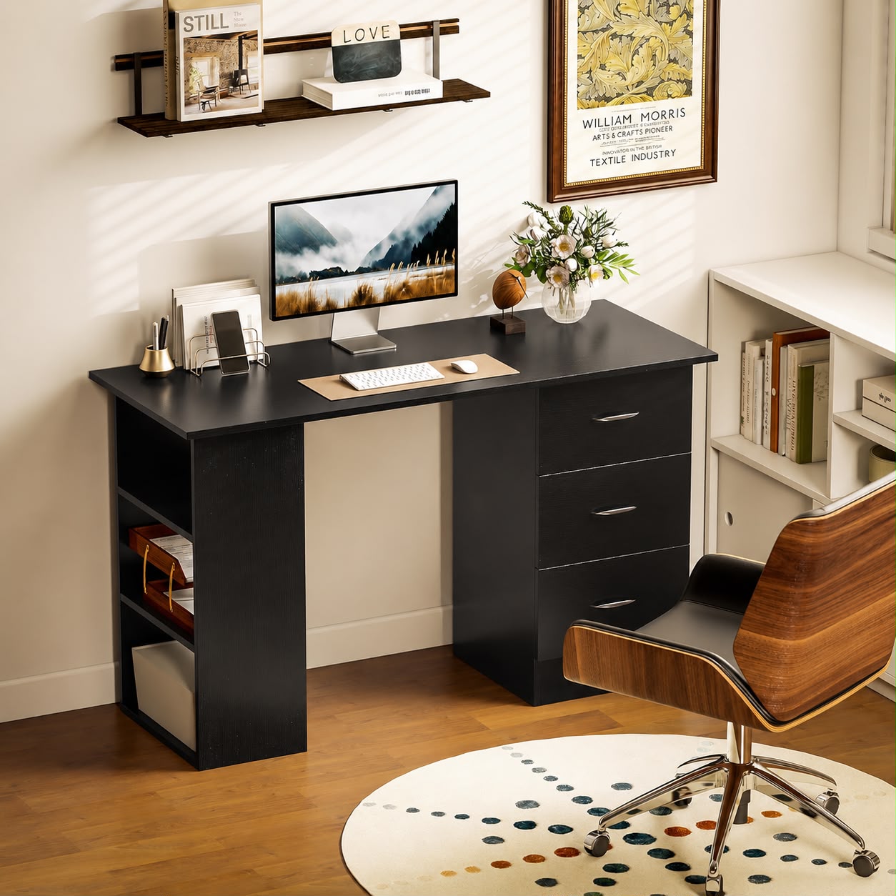 HOMCOM Modern Style Computer Desk Writing PC Table Workstation Laptop Study Stationery Cupboard w/ 3 Shelf & Drawers - Black 120H cm
