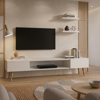 Modern White TV Stand with Open Shelf & Side Storage Cabinets – Scandinavian Entertainment Center