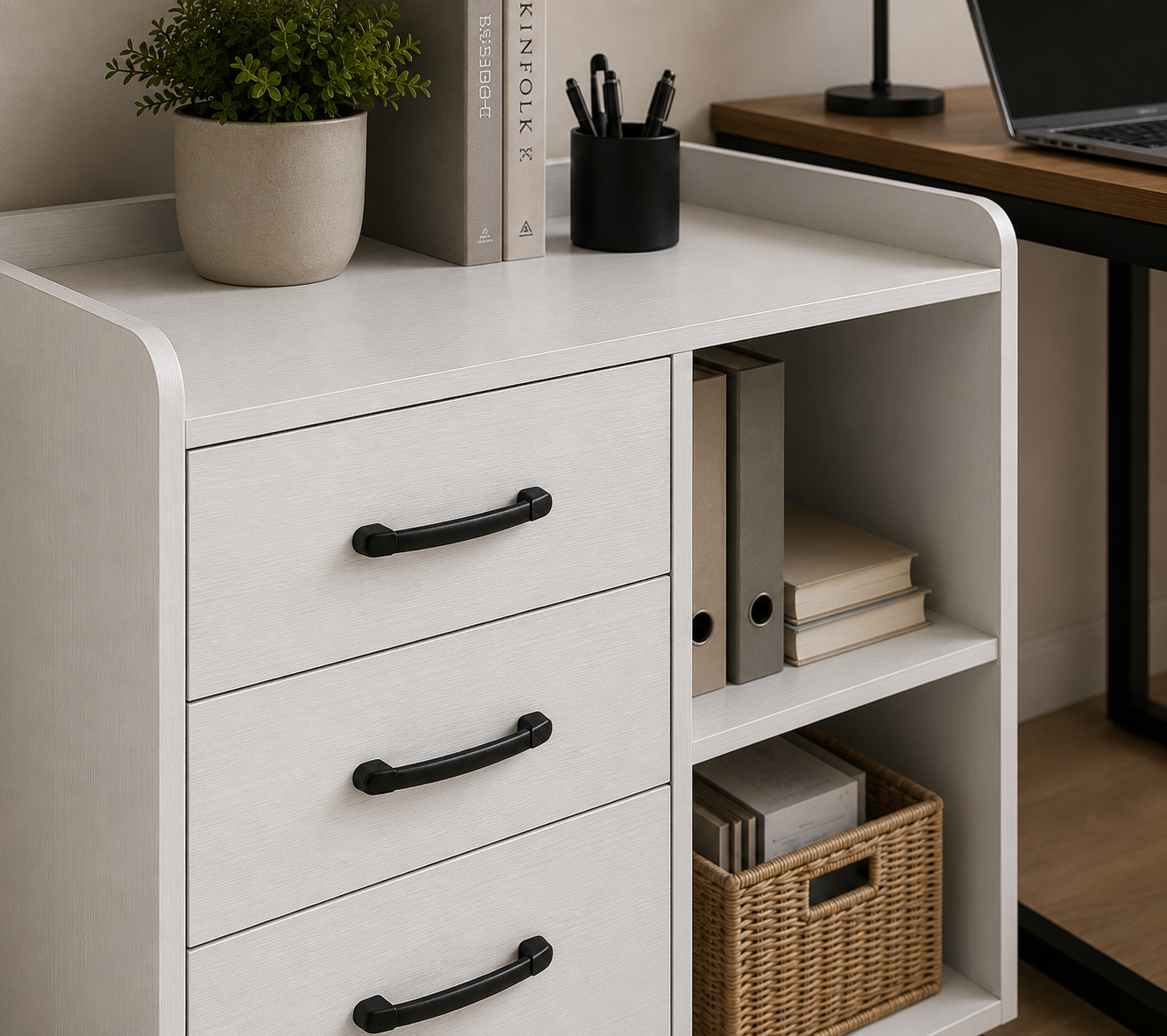 Rolanstar File Cabinet 3-Drawers, Mobile Lateral Printer Stand with Open Storage Shelf, Rolling Filing Cabinet with Wheels for A4/Letter Size,White