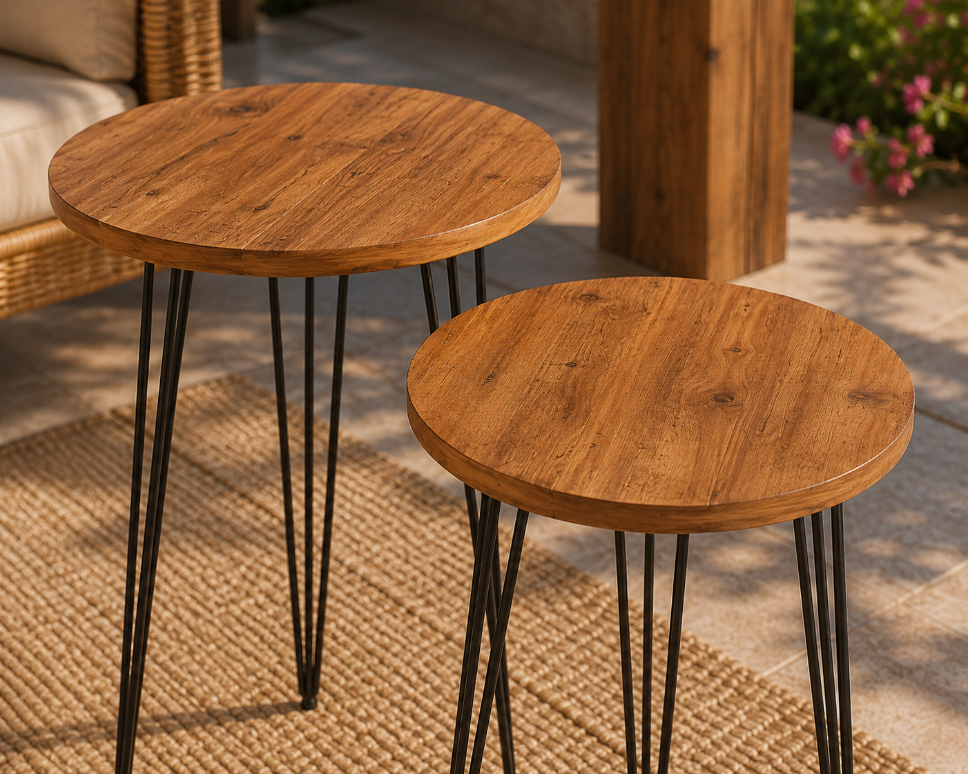 Set of 2 Pine Wood End Tables Round Wood Sofa Side Coffee Tables for Small Spaces