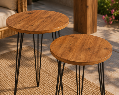 Set of 2 Pine Wood End Tables Round Wood Sofa Side Coffee Tables for Small Spaces