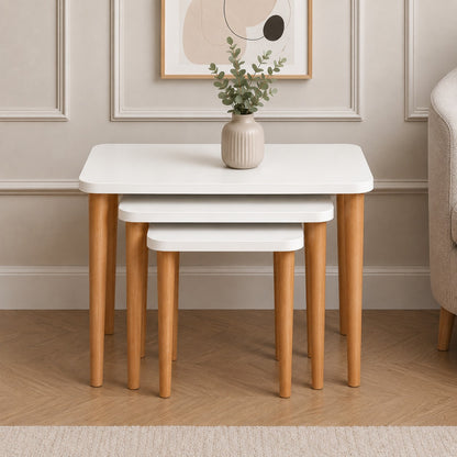 Modern 3-Piece Nesting Coffee Table Set – White Top with Wooden Legs for Living Room