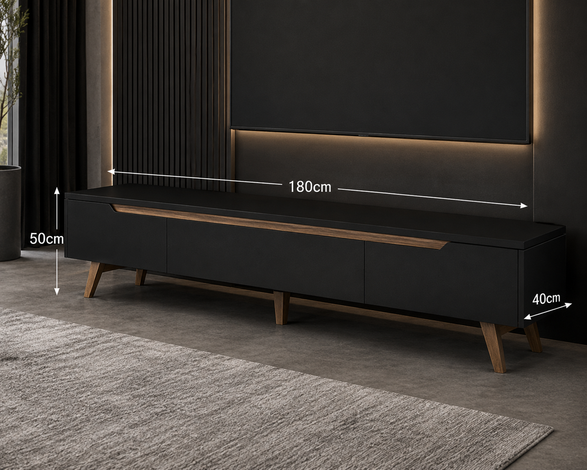 Minimalist Black TV Unit with Wooden Trim
