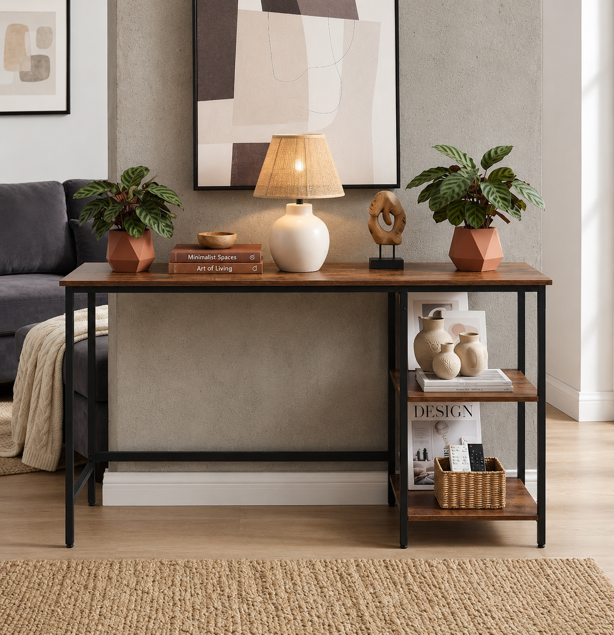 Industrial Computer Desk with 2 Shelves, Reversible Storage Shelves for Home Office