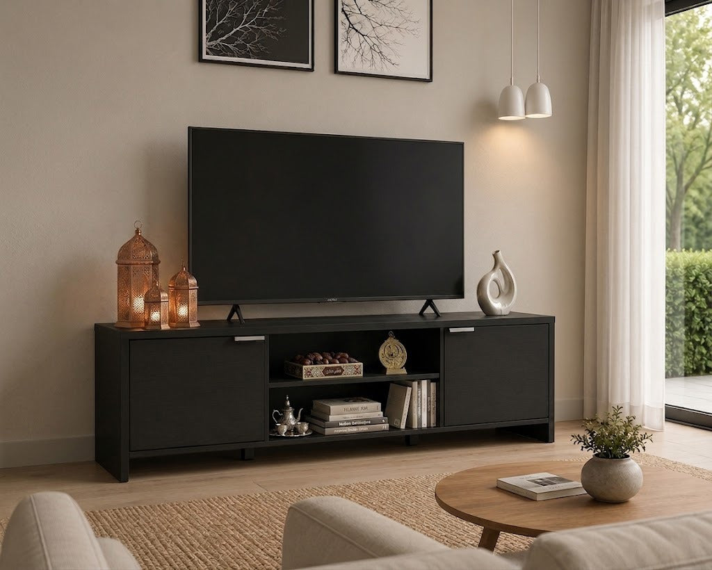 Modern Black TV Stand with Storage Cabinet & Open Shelves – Entertainment Center for Living Room