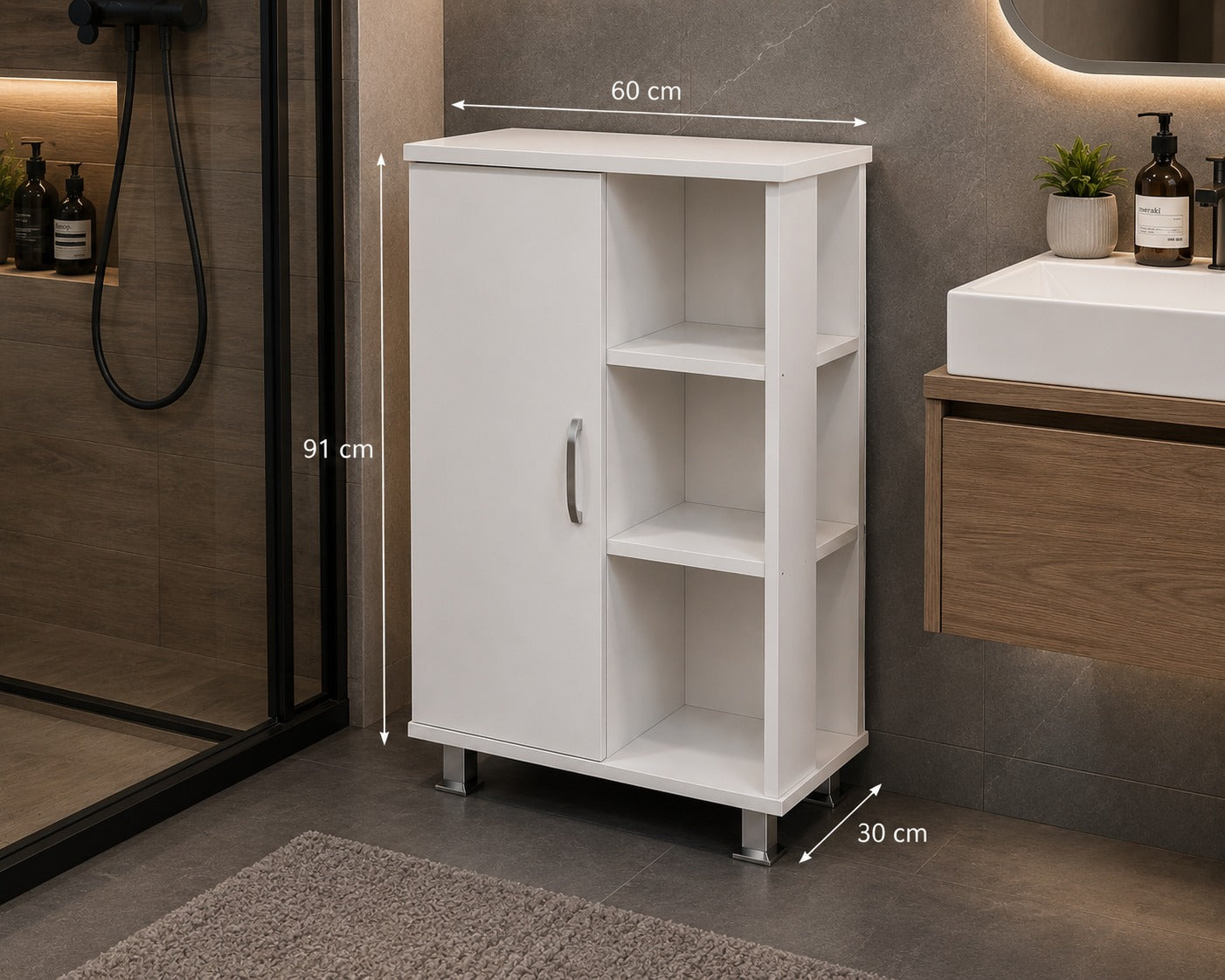 bathroom shelving Unit has 2 doors and 3 shelves White.