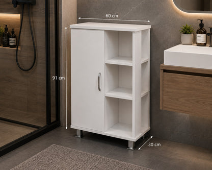 bathroom shelving Unit has 2 doors and 3 shelves White.