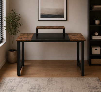 I Shaped Computer Desk with Removable Monitor Stand, 47in, Black Brown