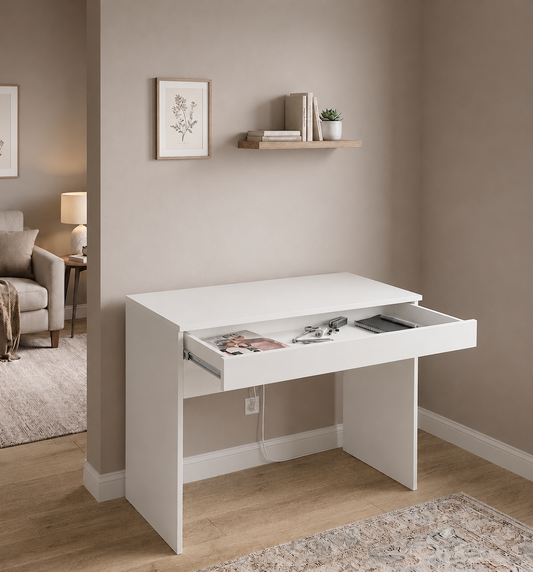 KOMTO White Desk with 1 Drawer - 100 x 53 x 76 cm Office Computer Desk for Small Work Space with Storage