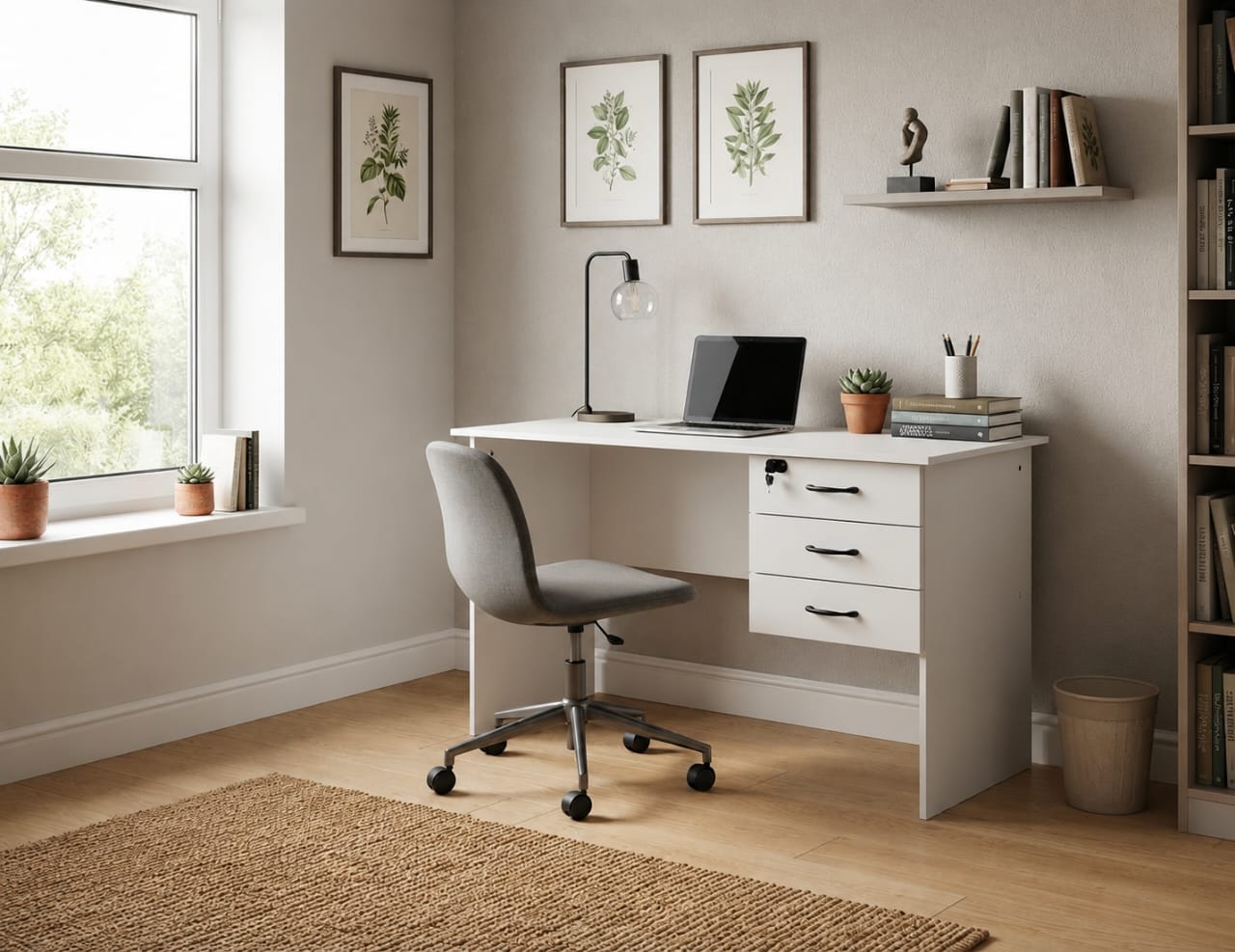 FurniFlex Desk with Fixed Lockable Drawers, White