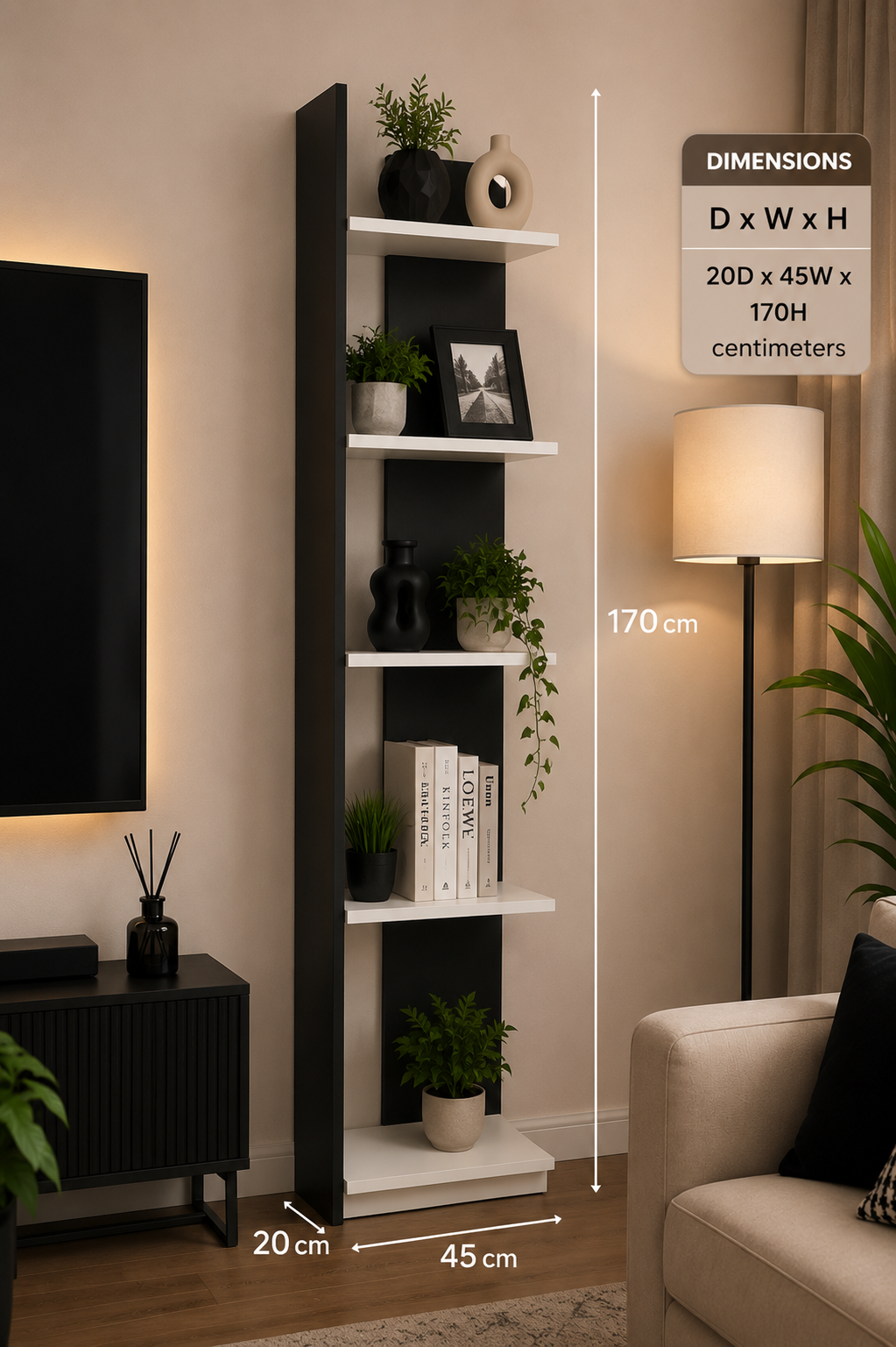 Wooden Storage Unit with Shelves - Black and White, Size 45 x 170 cm