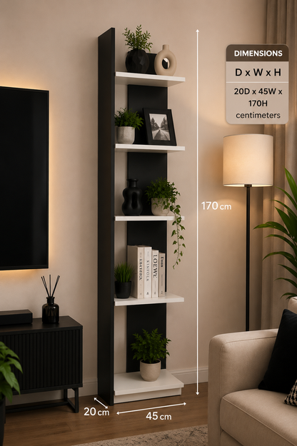 Wooden Storage Unit with Shelves - Black and White, Size 45 x 170 cm