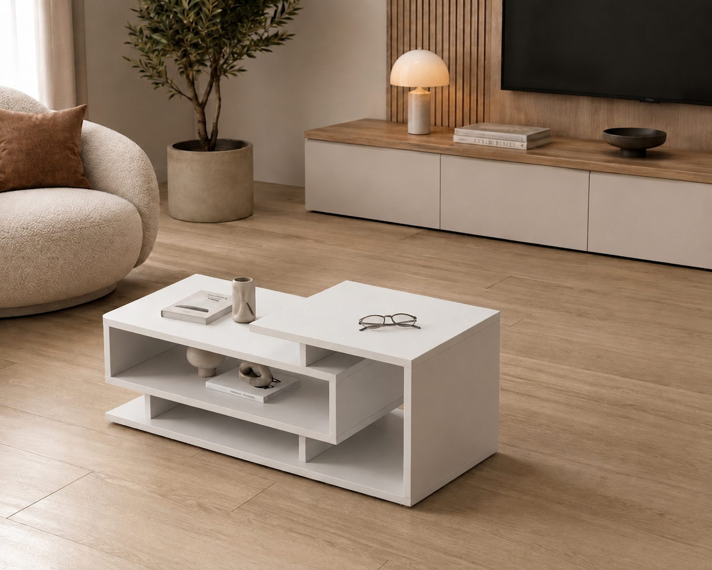BURLYWORTH Fabelio Engineered Wood Coffee Table for Living Room, Centre Table With Storage, Modern Designer Tea Table, Sofa Set (White)
