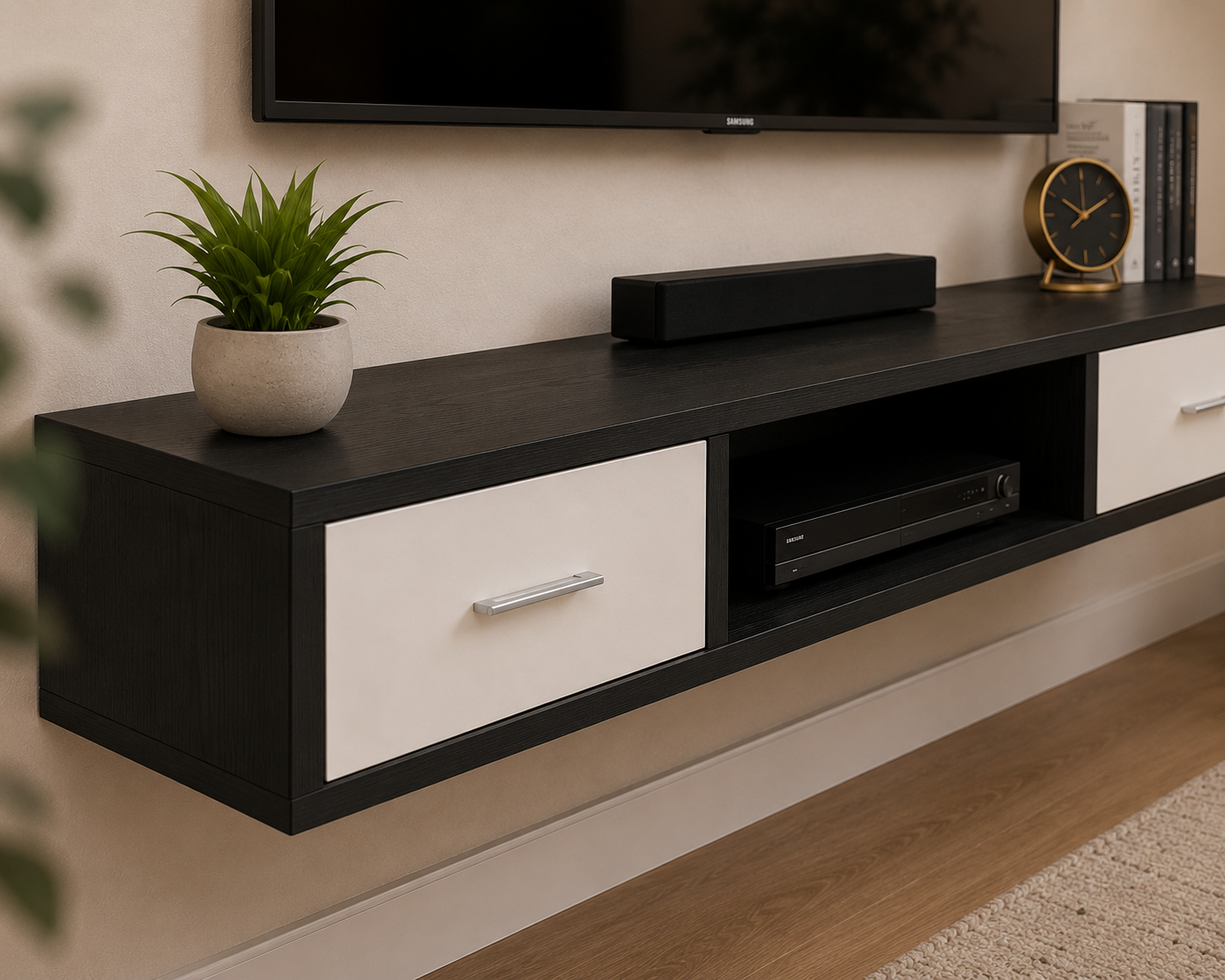 Floating shelf, Cabinet with an Open Storage Shelf and 2 Drawer, 25D x 120W x 20H centimeters, Black