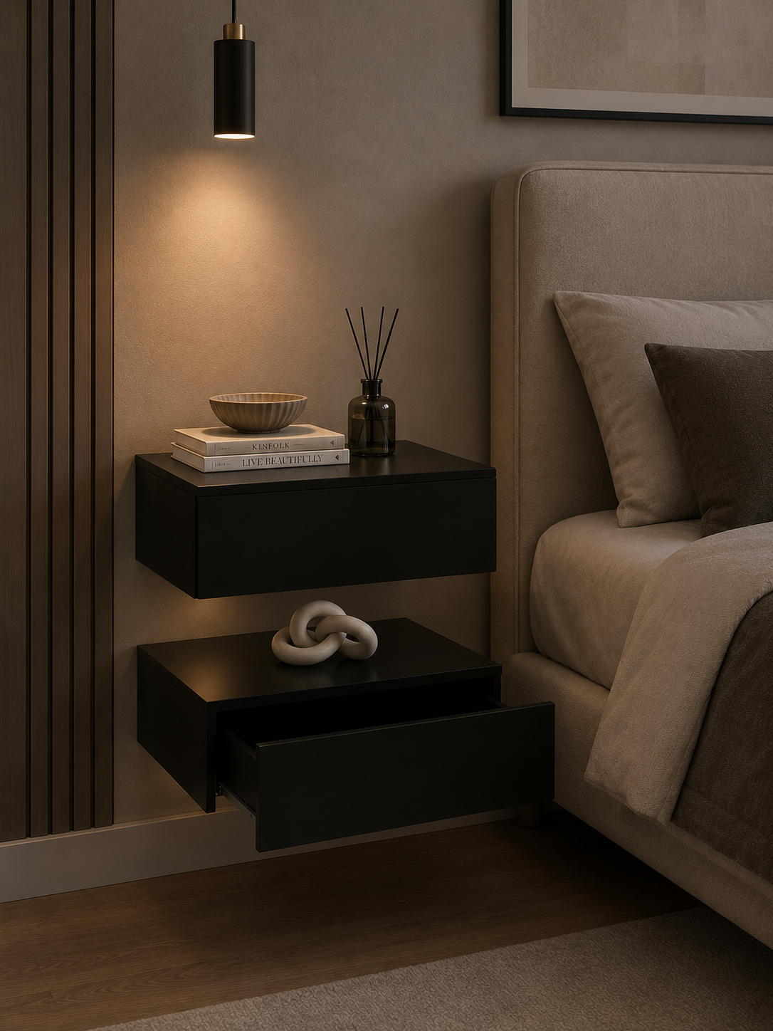 Oslo Wall Shelf with Drawer Set of 2 Bedside Table Floating Bedside Table Hanging Shelf Wall Board Night Console 46 x 30 x 15 cm Black High Gloss