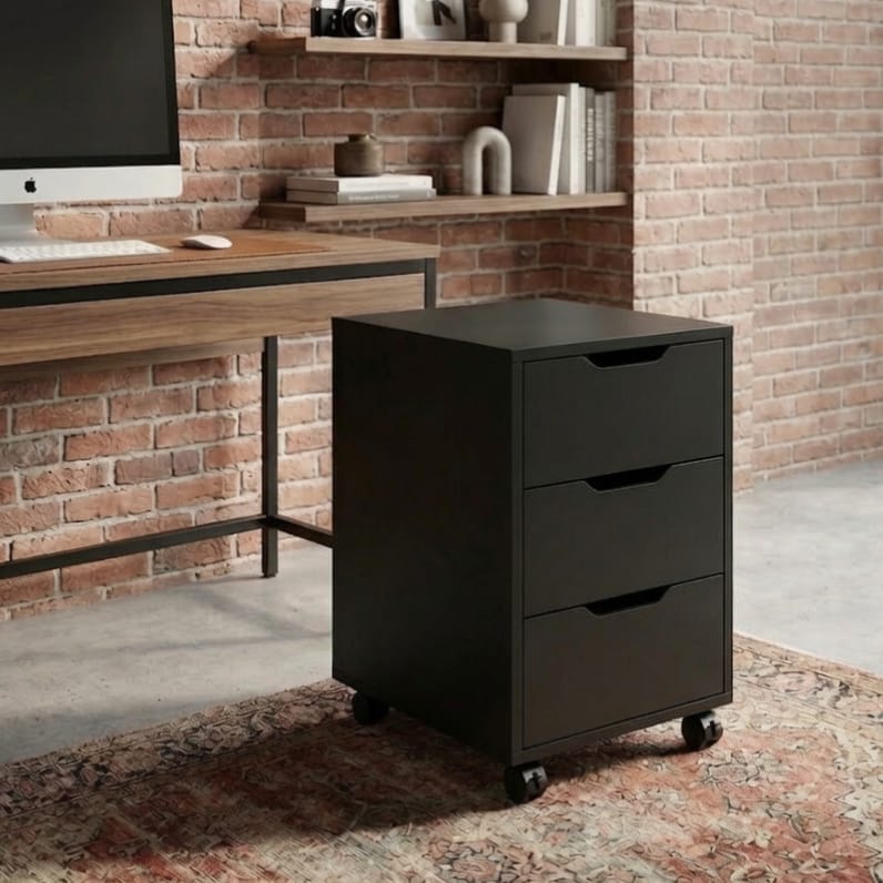 Panana Office Mobile File Cabinet with 3 Drawers, White Wooden Storage Unit with Caster Wheels Under Table Pedestal Side File Document Cabinet (Black)