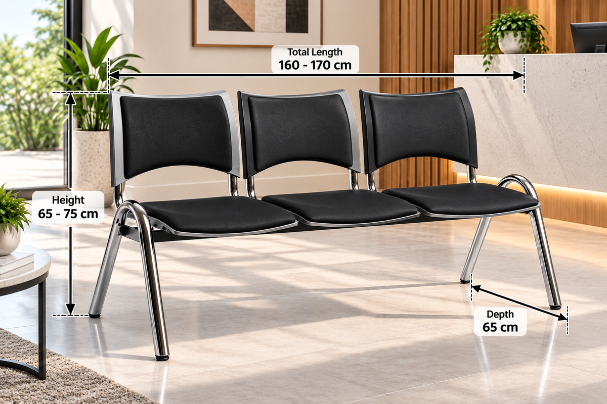 Modern 3-Seater Waiting Room Bench with Padded Seats & Chrome Frame